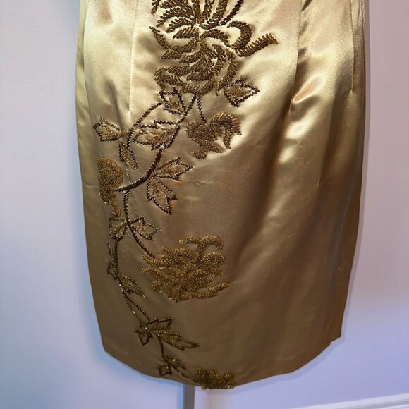 Vtg 60s Liquid Satin Gold Beaded Sleeveless Sheath Dress Silk Wiggle Size - Picture 5 of 6